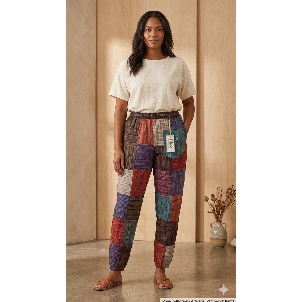 Rhea Patchwork Pants XL Multi Color Striped Boho Elastic Waist Tapered Trousers